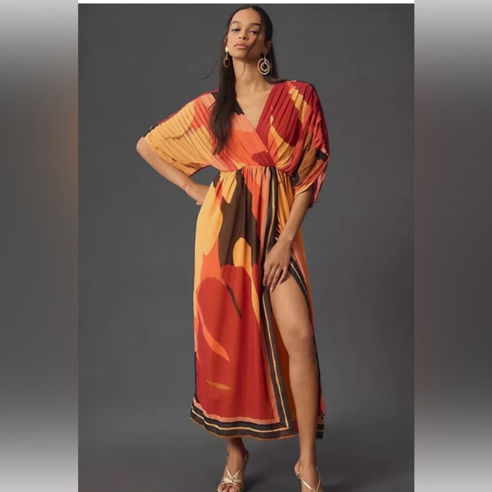 Farm Rio Maxi Wrap Dress in Warm Red, Orange and Yellow